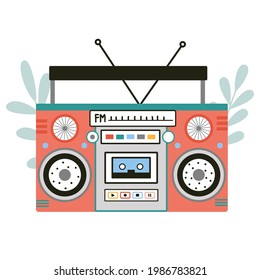 Cute and colorful old school tape recorder doodle. Vintage boombox icons. Hand drawn illustration. Decorated with botanical elements.