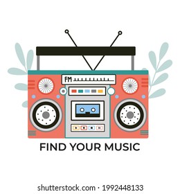 Cute and colorful old school tape recorder doodle. Vintage boombox icons. Hand drawn illustration. Decorated with botanical elements.