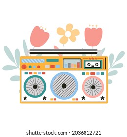 Cute and colorful old school tape recorder doodle. Vintage boombox icons. Hand drawn illustration. Decorated with botanical elements.