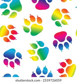 Cute Colorful ombre dog paw prints with claws on white, seamless vector pattern background scrapbook