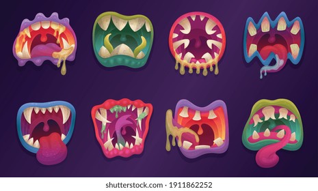 Cute coloridas bocas abiertas de monstruos con dientes y lengua torcidas, ilustración vectorial de dibujos animados aislados en fondo morado. Colección de mandíbulas y labios de los monstruos.