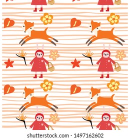 Cute colorful orange wild fox and rabbit in red hood pattern,illustration vector by freehand doodle comic art,botanical tropical style
