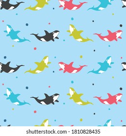 cute colorful orca seamless pattern with light blue background