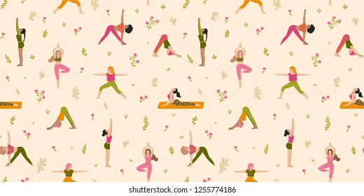 Cute colorful outdoor yoga women pattern, seamless vector repeat in bright colors. Modern simplified illustration style. Great for textile design, paper products etc.