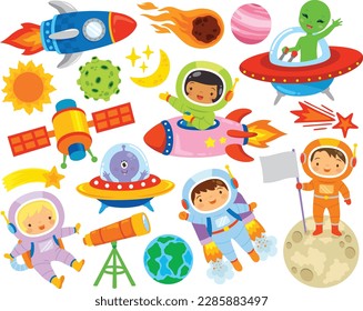 Cute colorful outer space clipart set with male and female astronauts, aliens, spaceships and planets.
