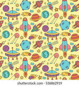 Cute colorful outer space cosmos childish doodles with spaceships ufo satellite stars asteroids seamless vector pattern