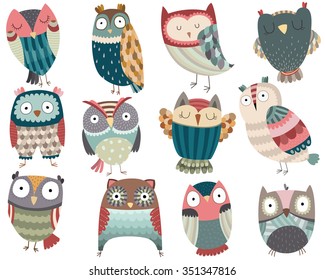 Cute Colorful Owl Friends Vector Set