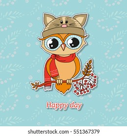 Cute colorful owl in hat sitting on rowan tree. Funny vector illustration in cartoon style on blue background with rowanberry. Can be used like sticker or for birthday cards and invitations. Happy day