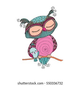 Cute colorful owl and little bird sitting on tree branch on white background. Funny vector illustration in cartoon style. Can be used like sticker or for birthday cards and invitations.