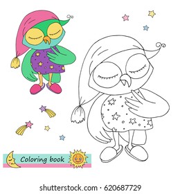 Cute colorful owl with pink cap and dress with stars. Vector illustration of sleeping bird in cartoon style, linear drawing. Black and white, colorful images, be used for coloring book.