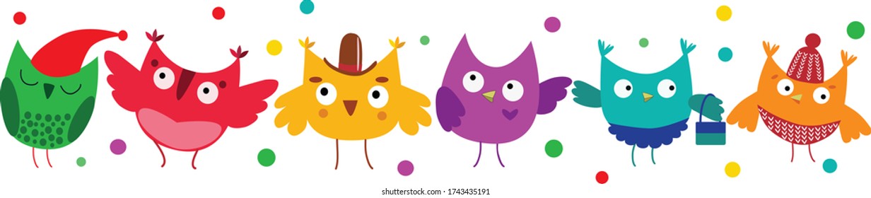 Conjunto de búho colorido, ilustración vectorial