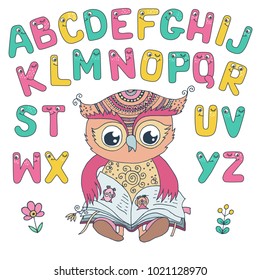 Cute colorful owl is sitting and reading the book. Funny Kids alphabet with eyes, doodling style for children education.Vector illustration on white background.
