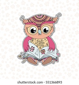 Cute colorful owl is sitting and reading the book. Funny vector sticker on white background with zen tangle elements. Can be used for birthday cards, baby announcement and invitations.
