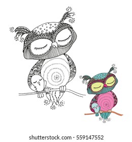 Cute colorful owl and small bird sitting on tree branch. Black and white, colorful image for coloring book. Isolated vector illustration on white background.