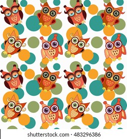 Cute colorful owls and circles seamless vector pattern