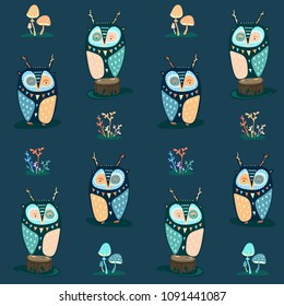 Cute colorful owls seamless pattern