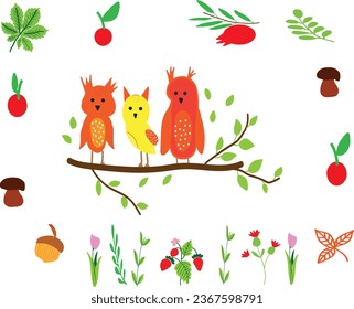 cute colorful owls sitting on the branch,
berries, fruits, leaves and mushrooms are around of them, flowers. Vector illustration, wallpaper decoration, children book