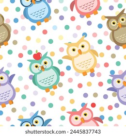 Cute colorful owls vector pattern. Different colors and positions of owls seamless pattern. Textile fabric wallpaper prints. Pink blue purple green yellow and brown colors owls illustrations. 