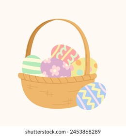 Cute colorful painted Easter eggs in basket for Easter Day. Vector illustration isolated on beige background for Easter day decoration, invitation card, banner, poster, Spring holiday, festive.