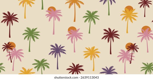 Cute colorful palm leaves seamless pattern. Vector summer exotic jungle plants repeat background, floral beach textile design, vacation mood print, tropical story design, sunset in the palm 