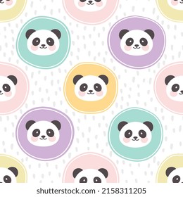 cute colorful panda face, kids seamless pattern background with blue, yellow, orange, pink dots and scandinavian dashed texture, adorable asian bear head for children wrapping paper design