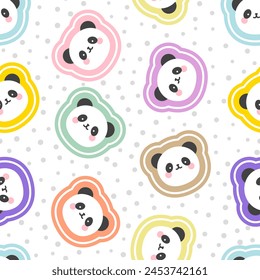 cute colorful panda face, kids seamless pattern background with blue, yellow, orange, pink dots and scandinavian dot texture, adorable asian bear head for children wrapping paper design