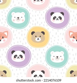 cute colorful panda, fox, polar bear, teddy bear face, kids seamless pattern background with blue, yellow, orange, pink dots and scandinavian dashed texture, for children fabric and textile