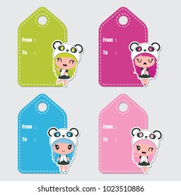 Cute colorful panda girls vector cartoon illustration for Birthday gift tags design, postcard and sticker set