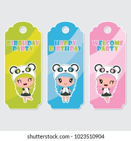 Cute colorful panda girls vector cartoon illustration for Birthday label tags design, postcard and sticker set