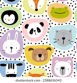 Cute colorful panda,fox,polar teddy bear,bunny,penguin,zebra, kitten face. Kids seamless pattern background with blue,yellow,orange, pink dots and texture, for children fabric and textile