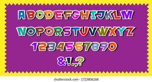 Cute colorful paper alphabet letters,numbers and punctuation marks, cartoon style font. Vector set elements