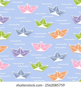 Cute colorful paper boats on water seamless pattern. Origami boats. Abstract ship, sailboat, travel, ocean, sea, beach vacation background. Fabric, paper design.