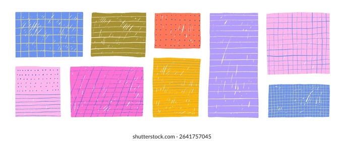 Cute colorful paper stickers for notes with hand drawn grids, lines and dots. Digital bullet journal templates. To do list, memo pages, blank template for hand drawn notes. Doodle paper empty sheets.