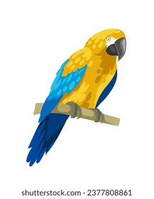 Cute colorful parrot. Blue and yellow bird, cute animal with feathers. Tropical and exotic mammal. Graphic element for website. Cartoon flat vector illustration isolated on white background