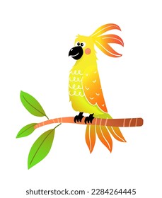 Cuidada y colorida Ilustración gráfica de la mascota de loro para niños. Ilustración de aves de loro adorable y juguetón para la educación de los niños o el diseño de tiendas de mascotas. Caricatura vectorial.