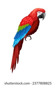 Cute colorful parrot. Red and blue bird, cute animal with feathers. Tropical and exotic mammal. Social media sticker. Cartoon flat vector illustration isolated on white background