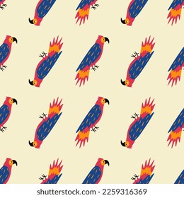 Cute colorful parrots hand drawn vector illustration. Funny jungle ara bird in flat style seamless pattern for kids fabric or wallpaper.