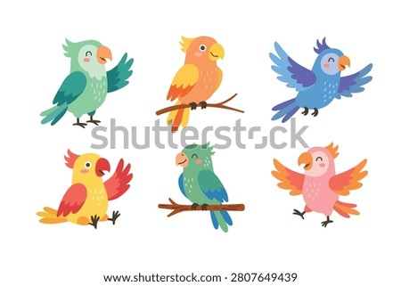 Cute colorful parrots vector clipart collection. Tropical jungle birds set isolated on white background