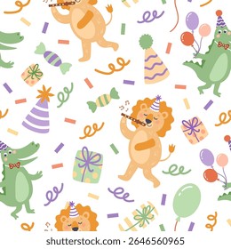 Cute colorful party birthday animal pattern. Lion and crocodile on white background. Hand-drawn vector illustration in flat style.