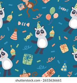 Cute colorful party birthday animal pattern. Panda and monkey on blue background. Hand-drawn vector illustration in flat style.