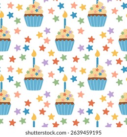 Cute colorful party birthday cupcake pattern. White background. Hand-drawn vector illustration in flat style.