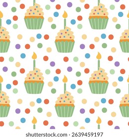 Cute colorful party birthday cupcake pattern. Green on white background. Hand-drawn vector illustration in flat style.