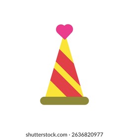 Cute and colorful party cone hat with a heart topper, great for birthday party invitations, romantic celebrations, and festive illustrations.
