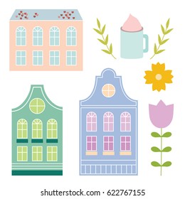 Cute colorful pastel Amsterdam house set. Cartoon vector buildings illustrations.