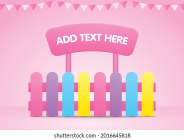 cute colorful pastel fence with signage illustration vector in girly style