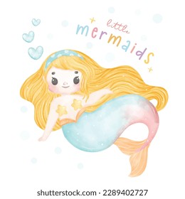 Cuto colorido color pastel acuarela feliz feliz pelo rubio de sirena, adorable y caprichoso niños dibujos animados caricaturista ilustración de la mano