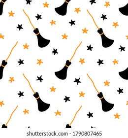 Cute colorful pattern with brooms and stars. Vector illustration great for festive background, decoration, cards, wallpaper, digital paper, wrapping paper, prints, fabrics, textile designs.