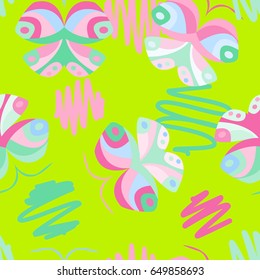 Cute colorful pattern with butterflies, vector. Good for children's goods, print on fabric, decor in a nursery, background, backdrop, gadgets and more
