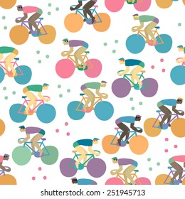 Cute colorful pattern with different cyclists. Vector seamless illustration.