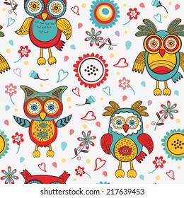 Cute colorful pattern with  funny owls and flowers. Vector illustration